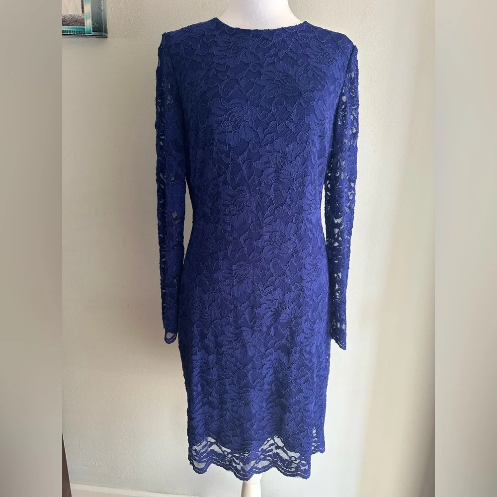 RALPH LAUREN Blue Stretch Floral Lace Sheath Scallop Trim Dress Size 10 - Picture 3 of 10